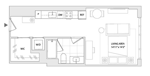 Floor plan for studio, 1 bath, 489 sqft